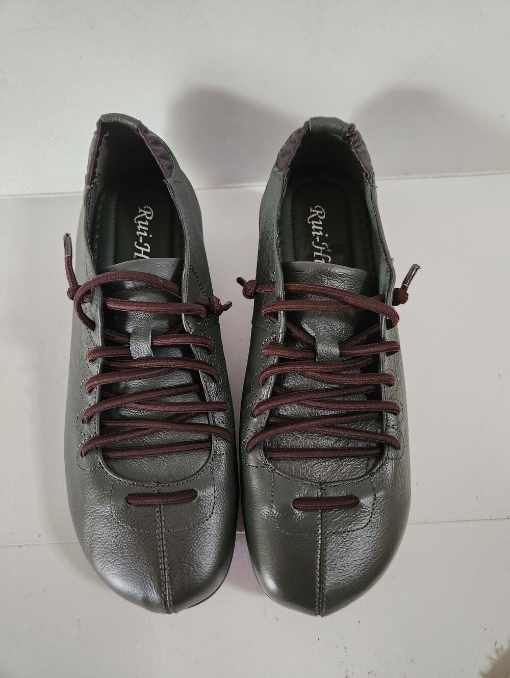 RUI-HILL GENUINE LEATHER LACE-UP FLATS SHOES COLOR DARK GREEN SIZE US 6